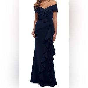 Xscape Navy Floor Length Off the Shoulder Gown size 10 worn one time